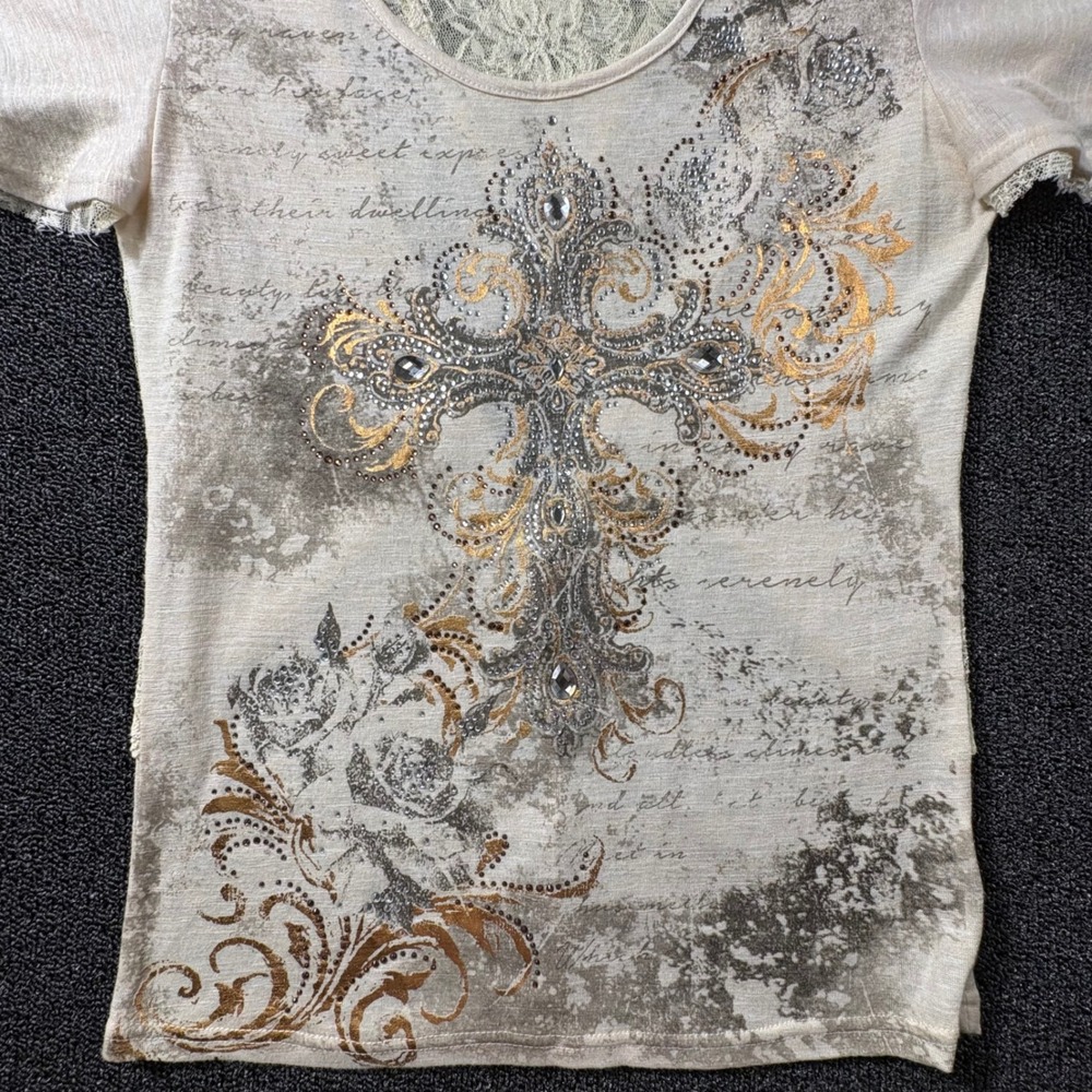 Miss Me Rhinestone Lace Back Flutter Sleeve Top Wome's M Cream Graphic - Picture 2 of 8